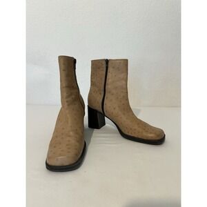 Amanda Smith Windsor Faux‎ Ostrich Leather Boots Tan Zip Square Toe Size 9.5M